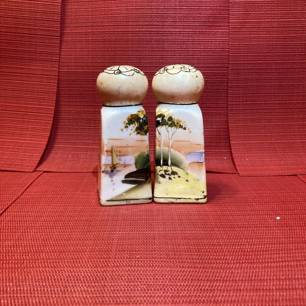 Vintage Hand Painted Porcelain Salt & Pepper Shakers / Sailboat Lake Beach Scene